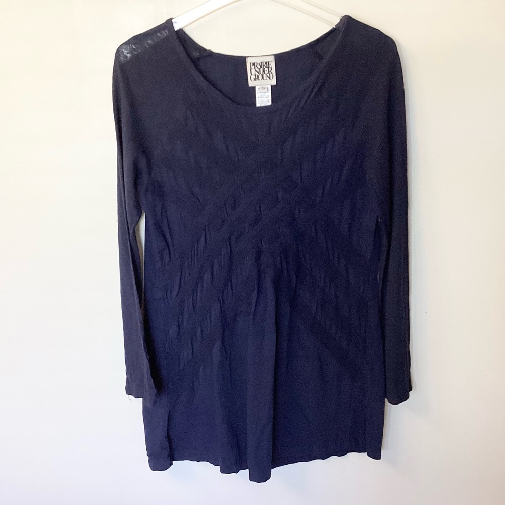 Prairie Underground Basket Case Long Sleeve Organic Cotton Tunic Top - Navy - S